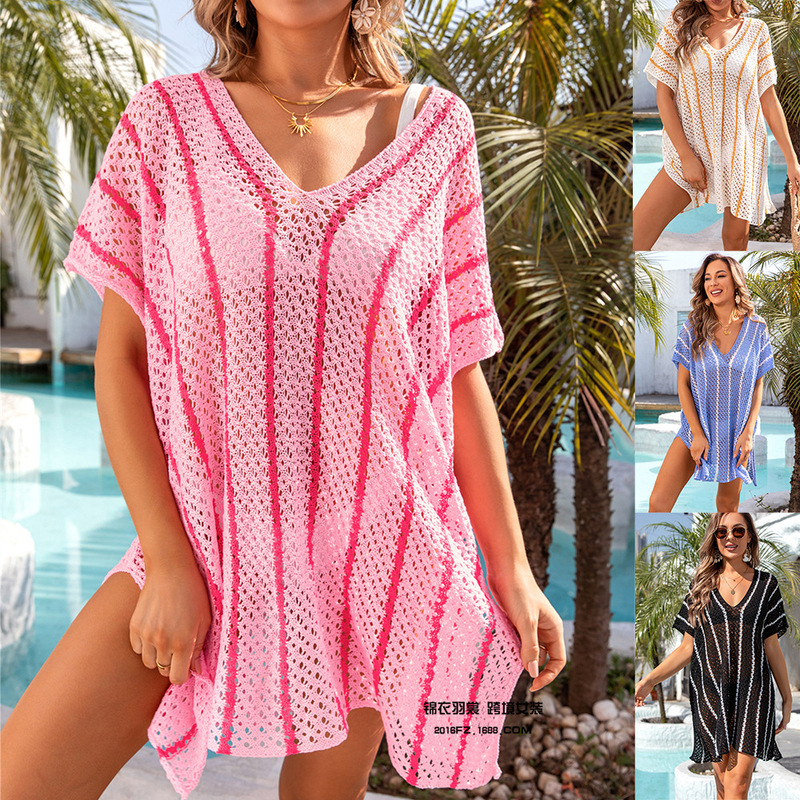 2026 New Summer Style Beach Cut Out Knitted Sun Protection Clothing Bikini Vacation Skirt Large Size Loose Color Matching Cover-Up for Women