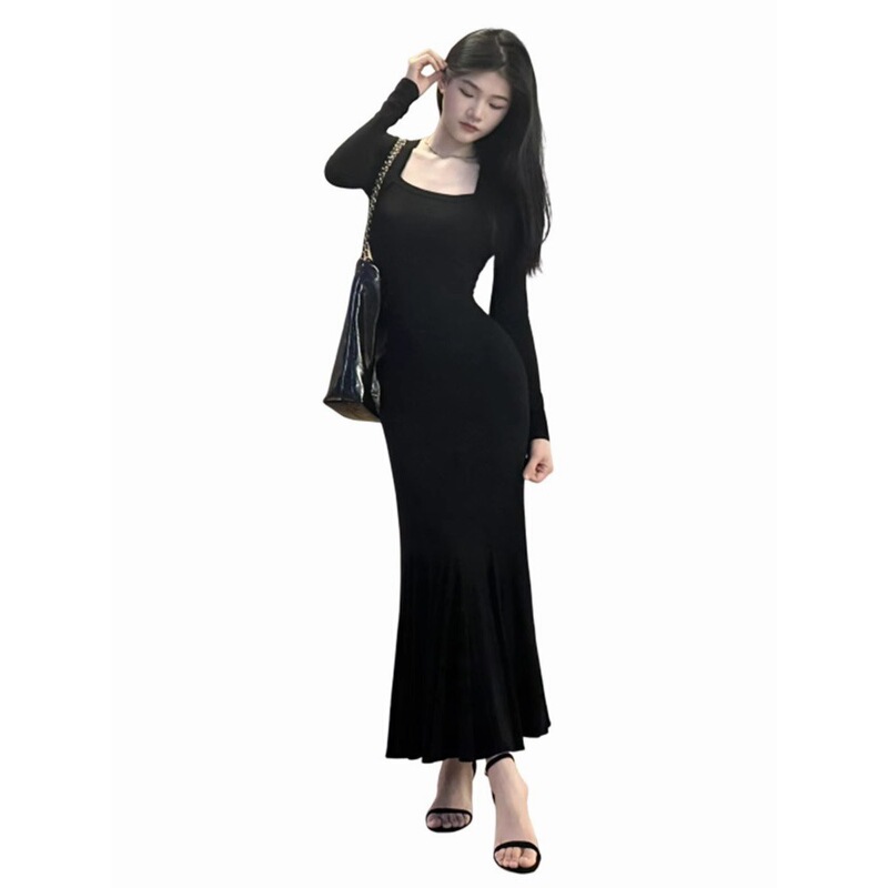 Hepburn Style High-End Black Long-Sleeved Dress for Women in Early Spring Slim Fishtail Hip-Covering Formal Occasion Elegant Skirt
