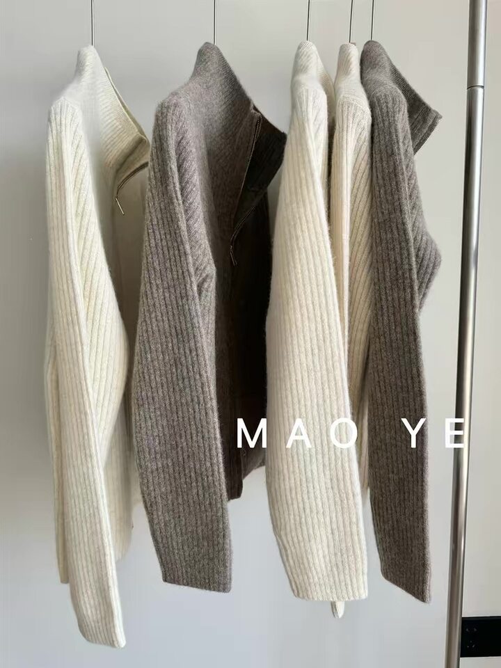 Áo khoác cardigan len lông cừu nguyên chất dài tay cổ bán cao, khóa kéo đôi, sọc gân dọc tôn dáng — Màu cà phê, Màu tự nhiên, màu đen chi tiết 13