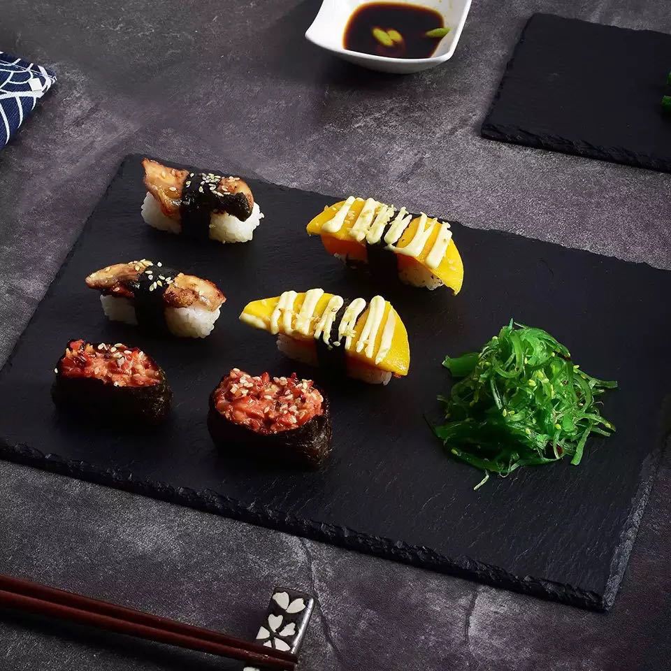 Placa de Roca Negra bandeja de mango japonés pizarra plato de sushi vajilla Placa de filete occidental placa de piedra al por mayor