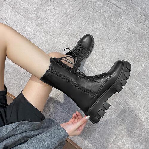 Martin boots, women's round head and side zipper locomotive all-matching white England mid-barrel boots for autumn and winter new thick sole short boots