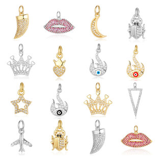 Crescent Five-Pointed Star Copper Zircon Pendant Heart Crown DIY Jewelry Accessories Wolf Tooth Lips Necklace Bracelet Pendant