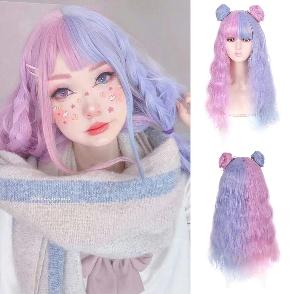 Synthetic wig Long Lolita headband  dyed long roll hair fluffy little bun full head set _voghion.com