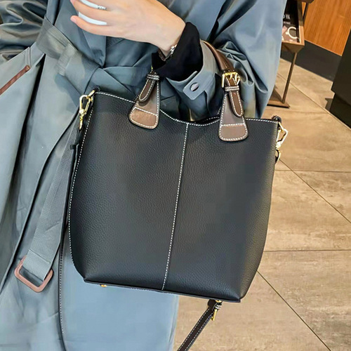 Genuine leather women's bag bucket bag  new trendy crossbody large capacity bag fashionable shoulder tote commuter handbag