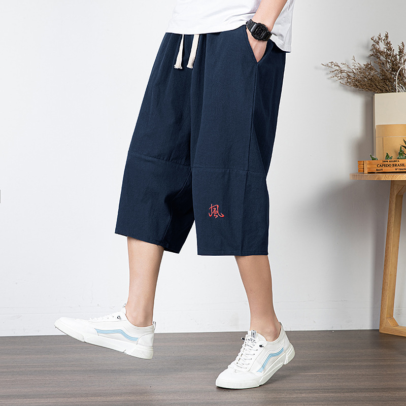 トレンディなブランドの男性用クロップドパンツ、リネンショートパンツ、無地の中国風紳士服、ルーズストレートビーチパンツ、トレンディなコットンとリネンのパンツ|undefined
