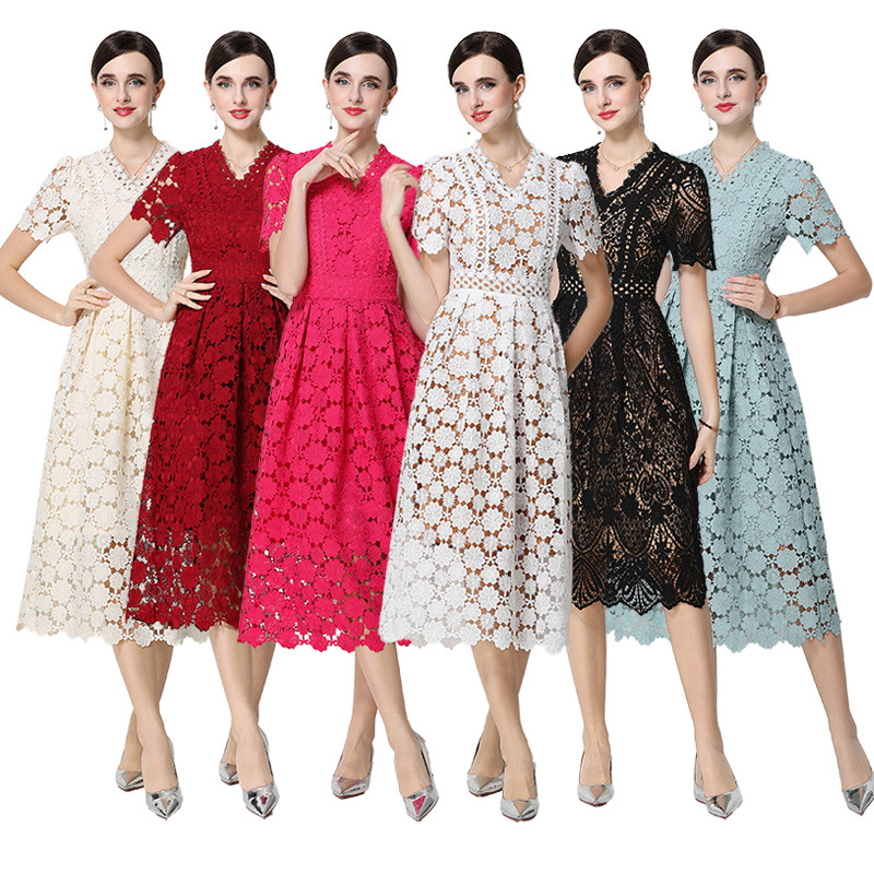 Đầm maxi nữ cổ V ren thắt eo tay ngắn họa tiết rỗng — màu đen, Rượu vang đỏ, màu hồng đậm, màu trắng