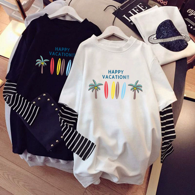 Осенняя футболка для женщин 2024, новинка студентки, свободная футболка в Корейском стиле с длинным рукавом, искусственная Мода из двух частей