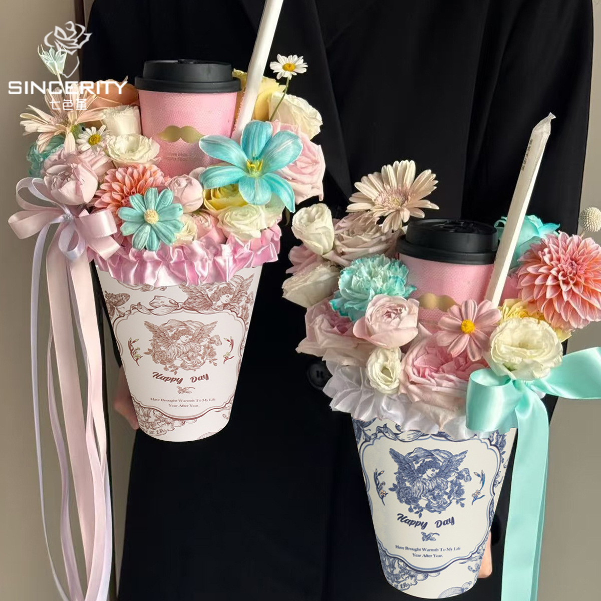 Los siete colores cordier helado barril de té de leche de espesamiento de forma de hoja de embalaje de flores diy hecha a mano materiales de florista