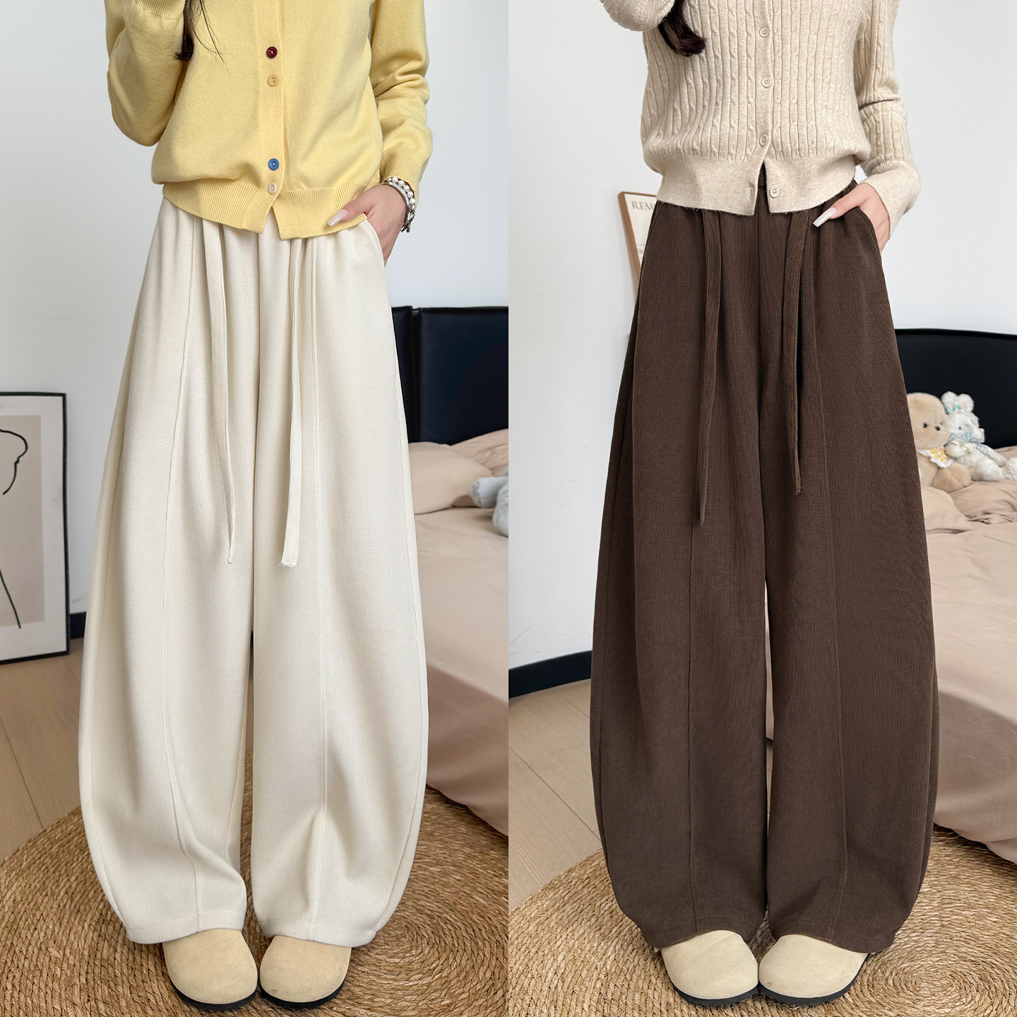 Brown corduroy wide-leg pants for women, 2026 new spring/autumn collection, loose straight-leg style, in a relaxed and casual aesthetic