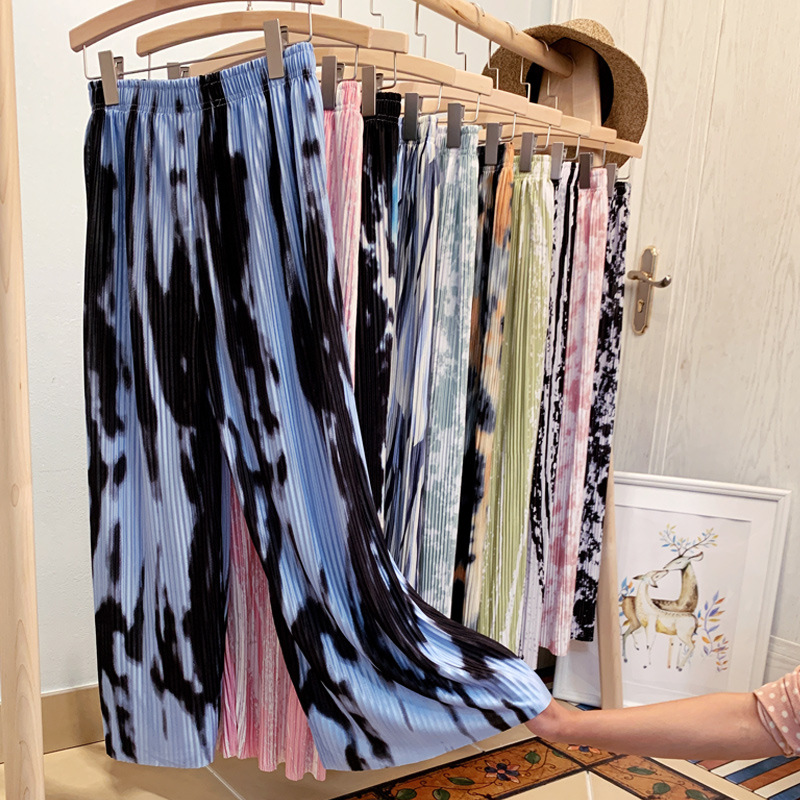 New Vintage Ice Silk Tie-Dye Wide Leg Pants Women's Loose Trendy High Waist Fashionable Pleated Ankle-length Pants Straight Casual Pants
