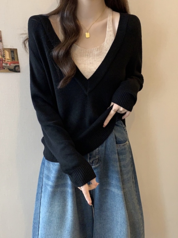 设计感挂脖长袖针织打底衫女秋季大码胖mm显瘦内搭假两件v领上衣|undefined