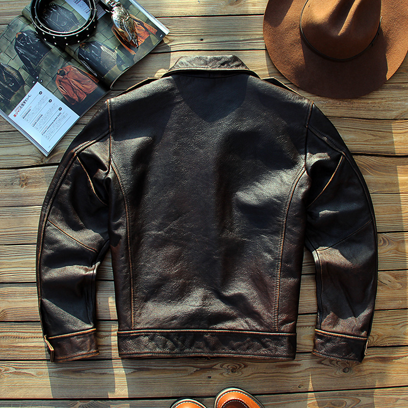 Vento británico chaqueta de cuero hombre retro hecho viejo traje de cuero de vaca corto delgado P37 chaqueta de cuero