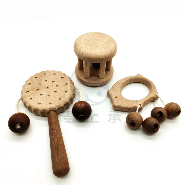 Wooden Baby Toy Rocking Rattle & Teether, natural wood, safe newborn grip