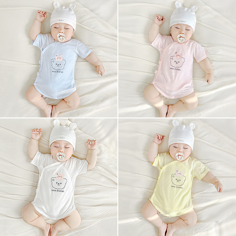 Ropa de bebé de una pieza, ropa de verano para recién nacidos, mampara delgada para hombres y mujeres, ropa de pedo triangular de manga corta de algodón puro, ropa de verano para bebés