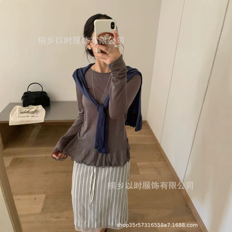 【YISHI】26 Early Autumn New Korean Style Simple Round Neck Pullover with Lace Hem Lyocell Versatile Base Shirt 【YISHI】26 Early Autumn New Korean Style Simple Round Neck Pullover with Lace Hem Lyocell Versatile Base Shirt