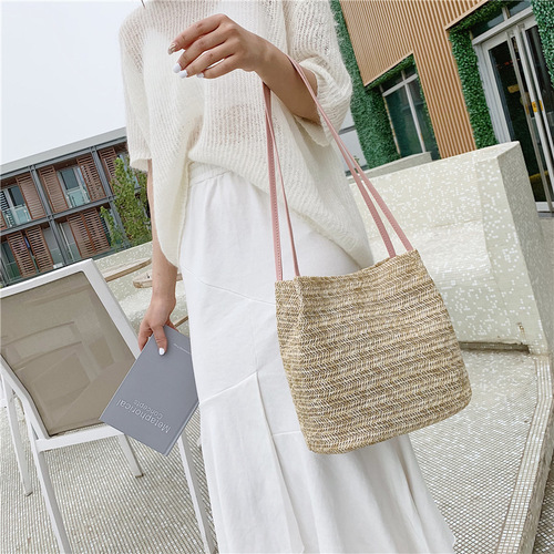 Bags Women's Straw Bag 2024 New Style Small Fresh Simple Forest Style Fashion Handheld Women's Bag Trendy Shoulder Bucket Bag