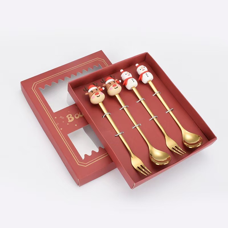 Cucharas de acero inoxidable transfronterizas muñecas de Papá Noel cubiertos cajas de regalo caseras de café mezclador cucharas de postre horquilla de frutas