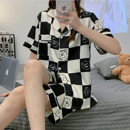 Summer pajamas, women's short-sleeved Korean cardigan, casual imitation silk ice silk cute home wear set