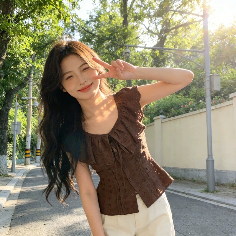 Coffee-Colored Vintage Ruffled Shirt for Women, Unique and Chic Summer Top with Embroidery and Print, Cinched Waist, Trendy Coffee-Colored Vintage Ruffled Shirt for Women, Unique and Chic Summer Top with Embroidery and Print, Cinched Waist, Trendy