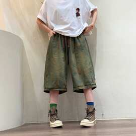 琪镌绘制印花牛仔六分裤女2026夏款大版嘻哈风阔腿休闲裤女85730