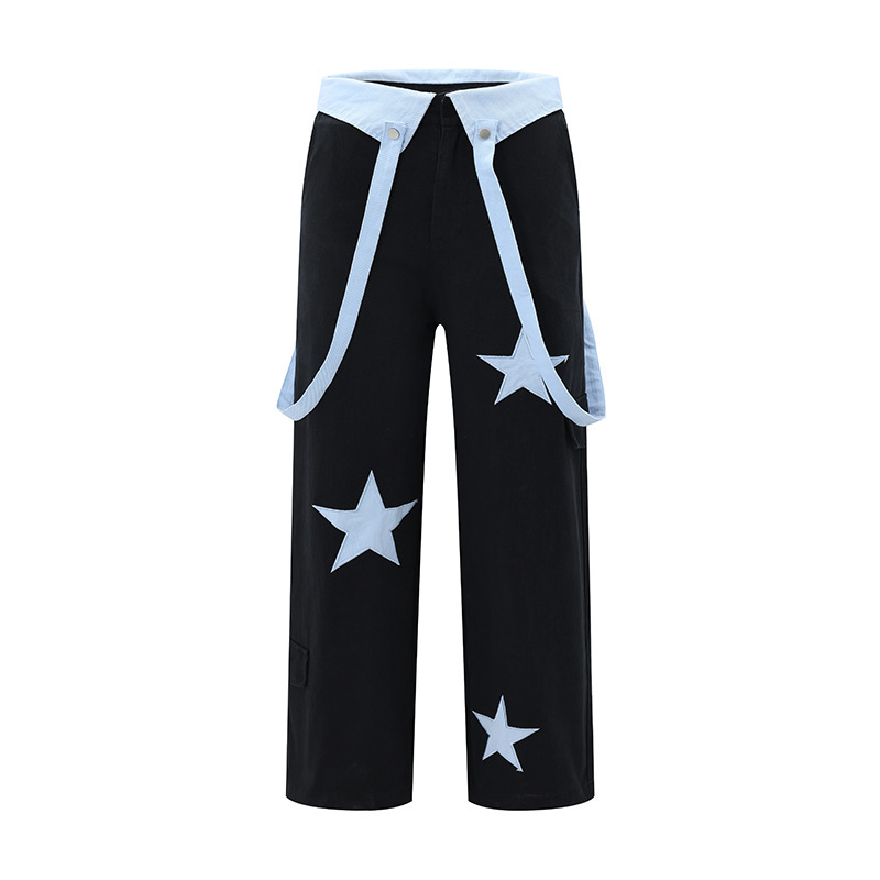 American-style oversize-turned waist cap star patch embroidered overalls men's and women's dopamine wear straight tube floor pants