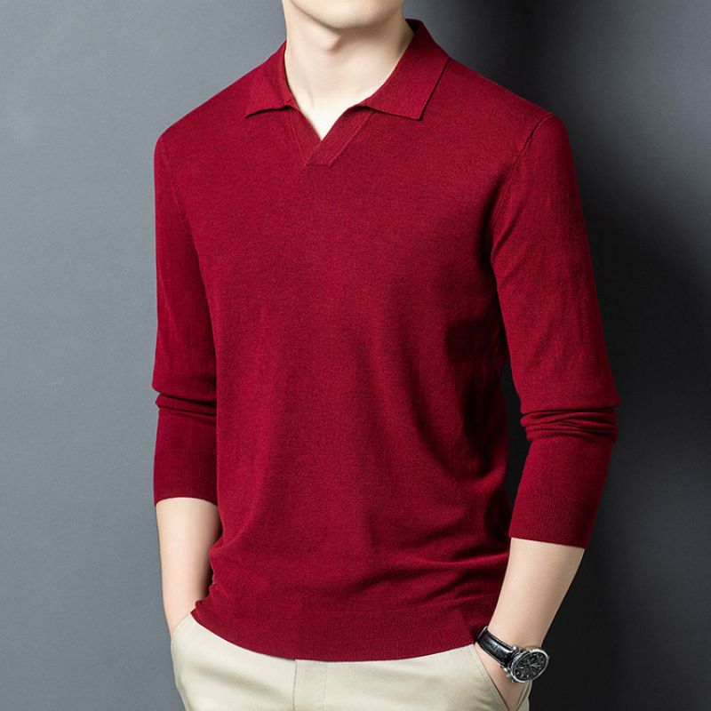 2025 Autumn Thin Style Middle-Aged Men's Casual Lapel Polo Shirt Solid Color Loose Long-Sleeved Sweater Red Base Shirt