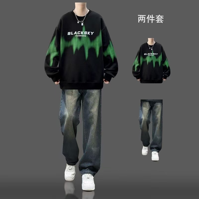 Teen Sweatshirt Men's Trendy Brand Junior High School Student Cool and Handsome Autumn and Winter Velvet Suit Cool and Handsome Jeans Two-Piece Set Teen Sweatshirt Men's Trendy Brand Junior High School Student Cool and Handsome Autumn and Winter Velvet Suit Cool and Handsome Jeans Two-Piece Set