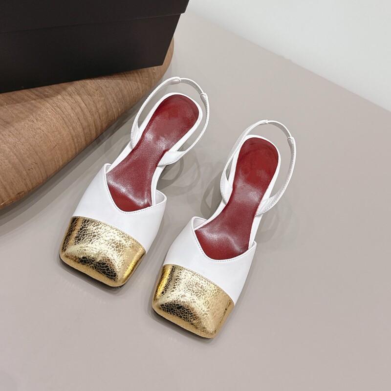 Top-quality Chanel-style genuine leather high-heeled shoes with square toe, cowhide color-blocking, high-end trendy shoes, closed-toe chunky heel sandals for women Top-quality Chanel-style genuine leather high-heeled shoes with square toe, cowhide color-blocking, high-end trendy shoes, closed-toe chunky heel sandals for women