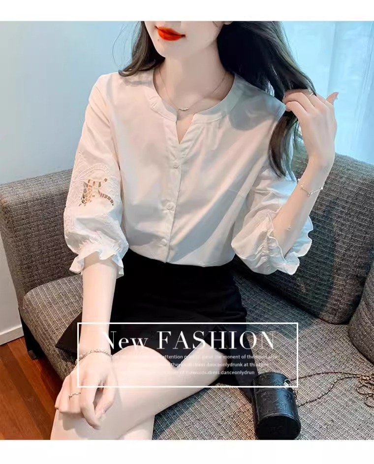 Áo sơ mi nữ tay ngắn phong cách cao cấp, tay phồng thêu rỗng — trắng chi tiết 5