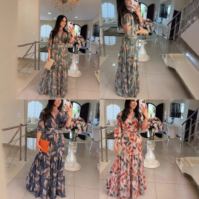 2025 Amazon Foreign Trade European and American Women's Summer V Fashion Elegant Printed Long Dress Short Sleeve 3D Printing