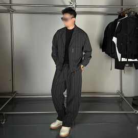 【高品质】男春季新款潮牌宽松老钱风时尚西装领条纹休闲港风套装