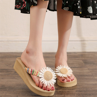 Summer New Imitation Hemp Rope PP Grass Travel Women's Sandals Outer Wear Flip-Flops High Heel Beach Wedge Slippers