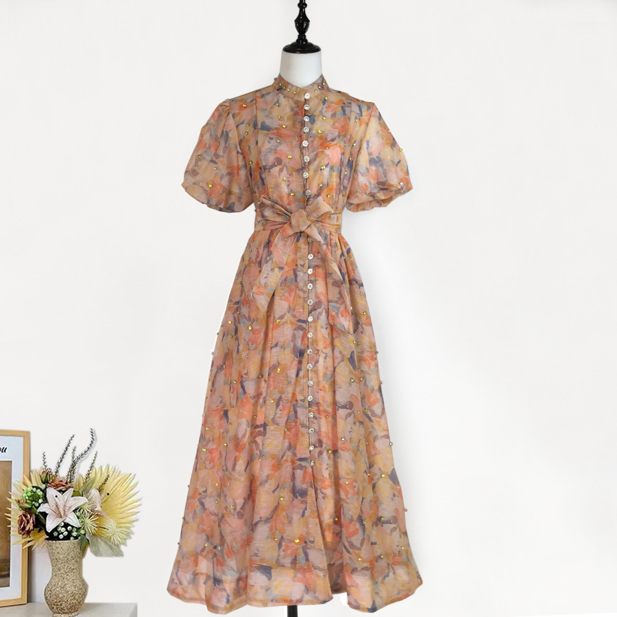Đầm maxi nữ thắt eo cổ đứng tay lồng đèn đính đá phong cách Pháp — Màu trơn xanh lam, Màu trơn trắng, Hoa xanh da trời, Hoa hồng đậm chi tiết 51