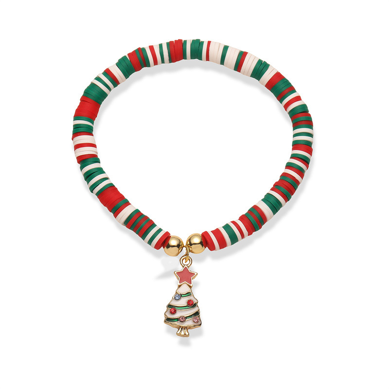 Fabricante de pulseras navideñas con cuentas de arcilla suave populares en Europa y América, chapado en aleación, con diseño de gota de aceite y campana de árbol de Navidad, en stock.
