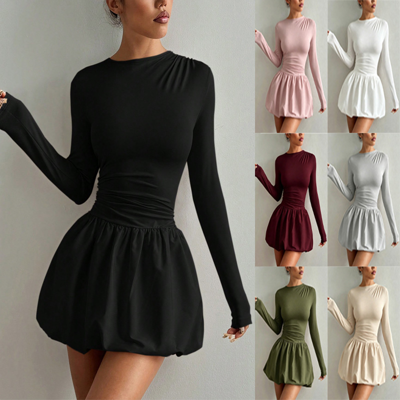 2026 Autumn New Cross-Border Amazon Fashion Slim-Fit Long-Sleeve Dress with Elastic Puff Skirt for Women