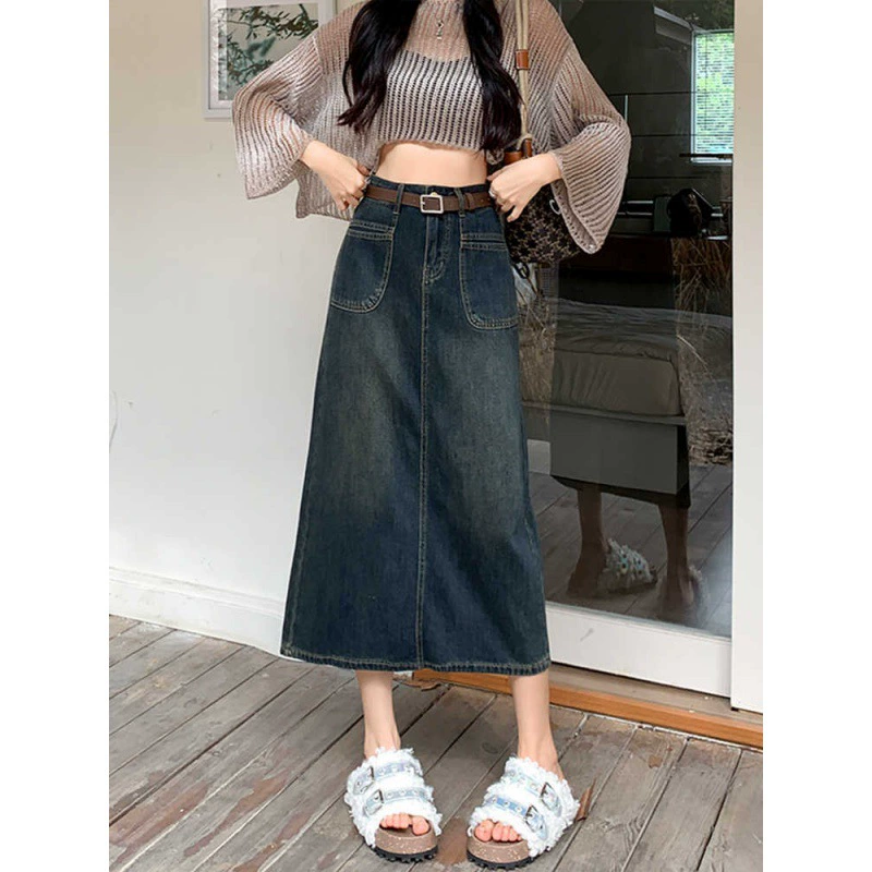 Ретро передняя наклейка карман джинсовая юбка бюстгл женский маленький мужчина новый стиль с высокой талией