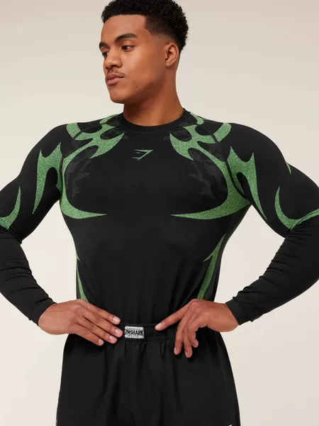 Gymshark Men's Long-Sleeved Sports Fitness Quick-Drying Breathable Elastic Round-Neck Tight-Fitting Breathable Running Training