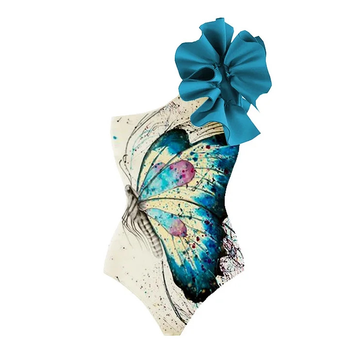 Damen Badeanzug Mit Blumen- Und Schmetterlingsmuster One-shoulder_voghion.com