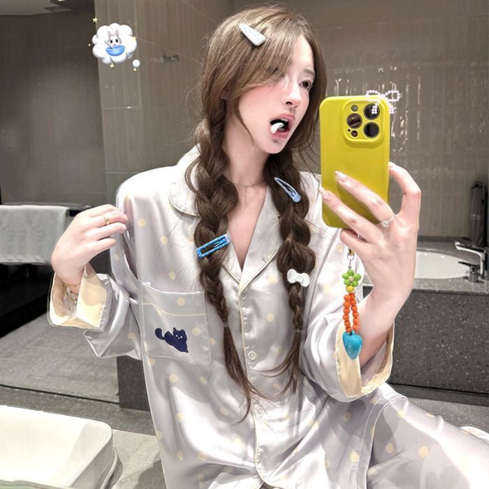 Women's ice silk long-sleeve pajamas, new spring and autumn polka dot cute style home wear, long pants casual sweet set Women's ice silk long-sleeve pajamas, new spring and autumn polka dot cute style home wear, long pants casual sweet set