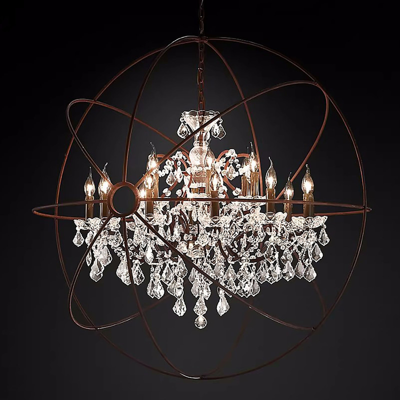 Retro American Globe Crystal Chandelier Industrial Style Iron Art Apartment Exhibition Hall Staircase Decoration Living Room Crystal Lamp