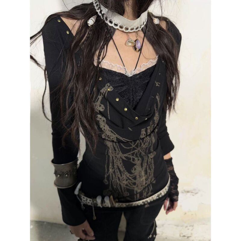 Y2K American Dark Style Lace Splicing Lace-Up Printed T-Shirt Women's Punk High Street Slim Fake Two-Piece Top Ins Y2K American Dark Style Lace Splicing Lace-Up Printed T-Shirt Women's Punk High Street Slim Fake Two-Piece Top Ins
