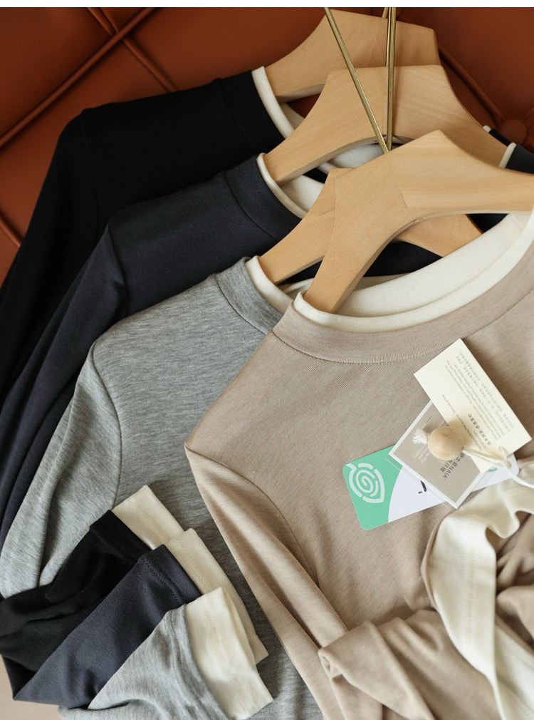 在庫あり ソフトエラストマー素材マスクTシャツ Tシャツ風リヨセル混紡 フェイクツーピース風配色切り替えラウンドネック長袖Tシャツ レディース