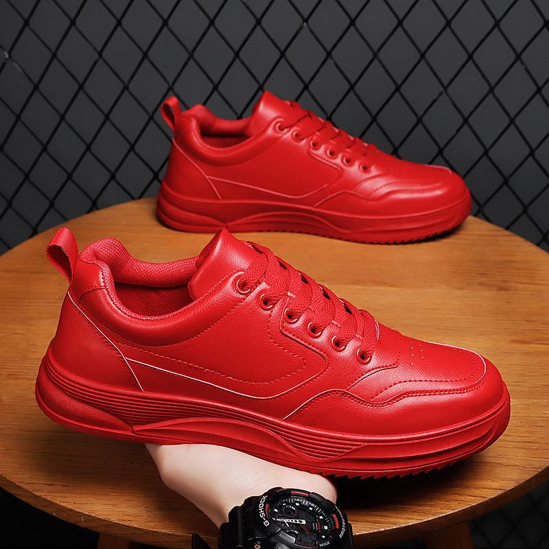 红色皮鞋男女文艺演出休闲板鞋45简约百搭系带运动鞋子大码46号37