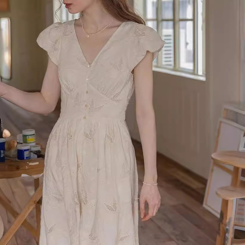 Dailyart Cotton Double-Strand Thread with Heavy Embroider Technology/French V-Neck Dress