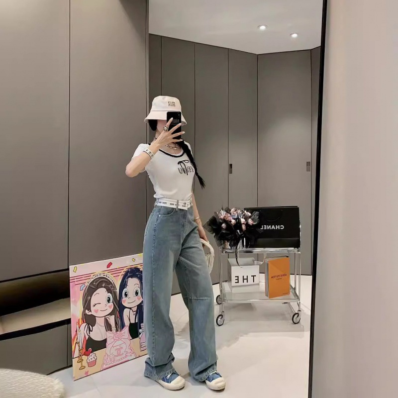 MM HOME 24SS 새로운 편지 청바지 허리 리본 바느질 패션 올매치 데님 바지