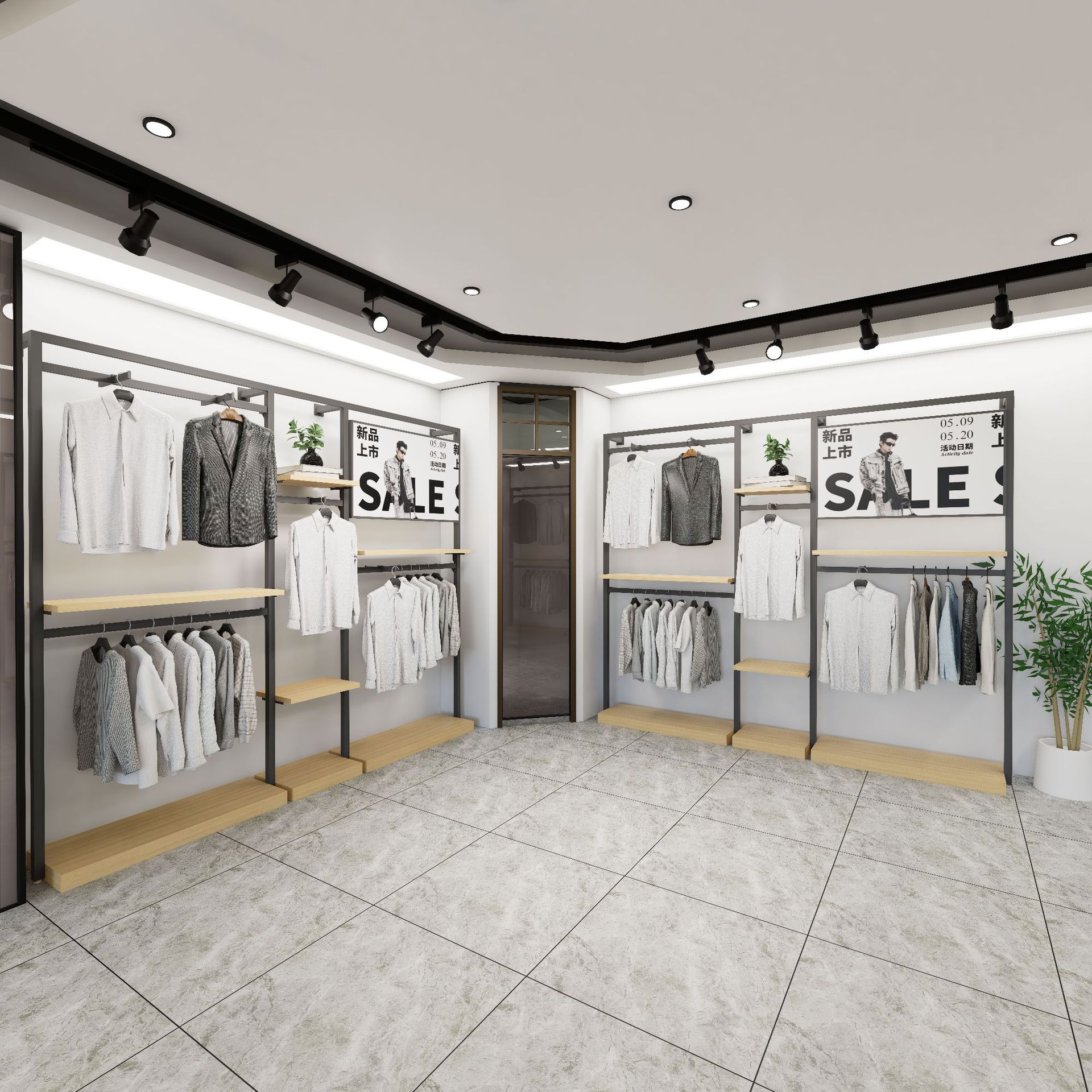 Shopping Mall marca tienda de ropa estante de exhibición personalizado tipo suelo colgante etiqueta logotipo punzante estante de exhibición de pared