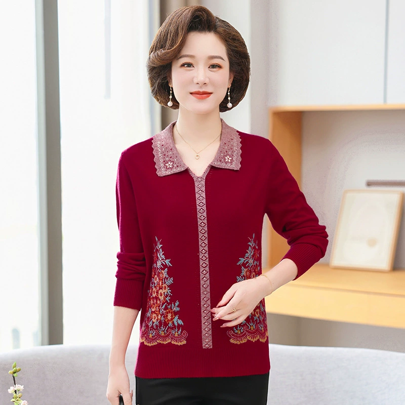 Рубашка с длинными рукавами для мамы, новинка весны 2024, маленькая рубашка в западном стиле, футболка для женщин среднего и пожилого возраста, весенне-осенний вязаный Топ