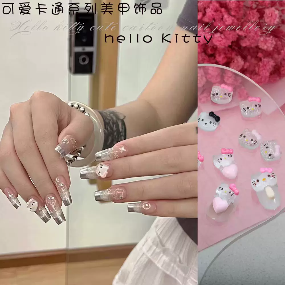网红KT猫头美甲饰品卡通可爱立体黑皮猫咪透明凯蒂树脂美甲饰品钻