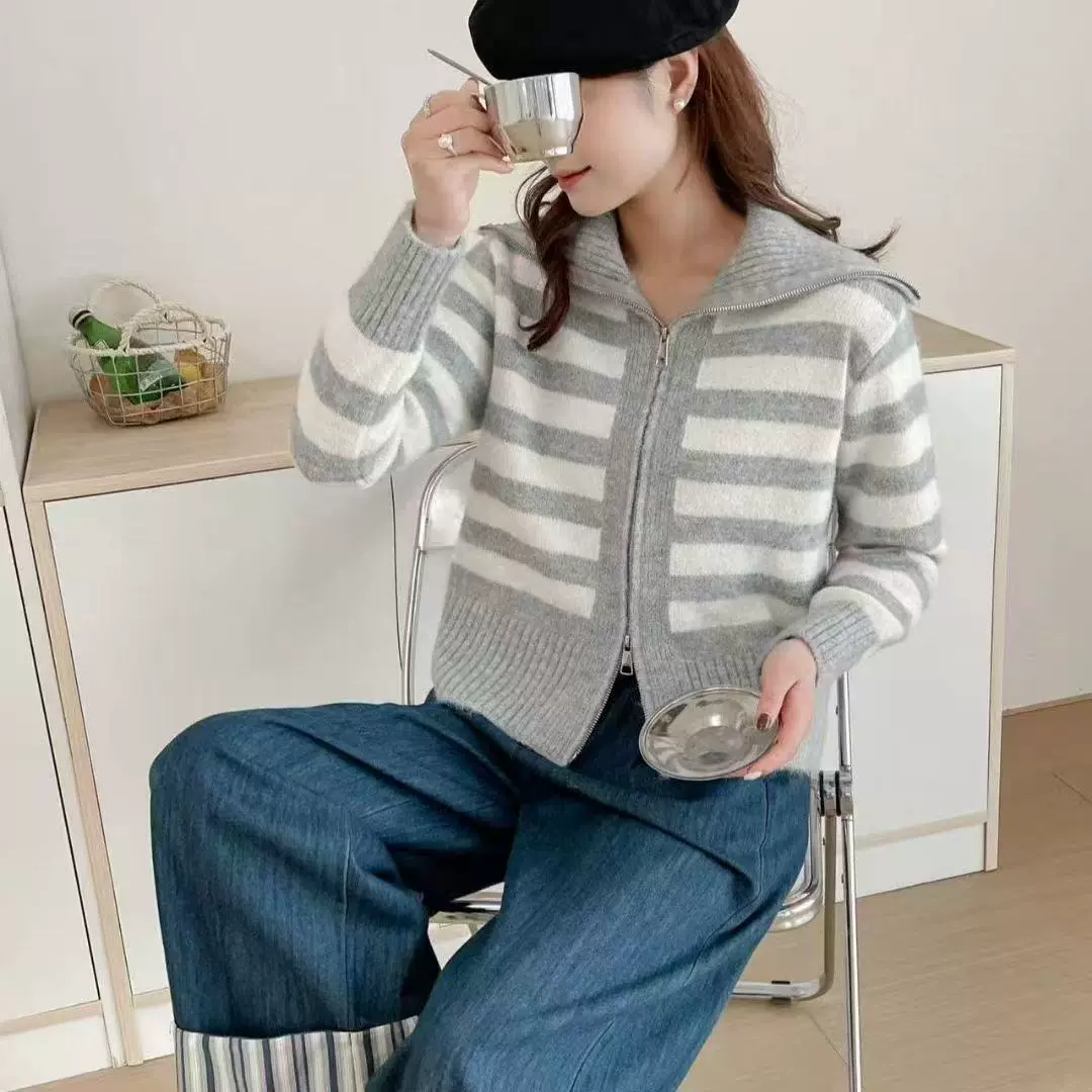 韩系海军领双拉链条纹针织开衫2025秋冬新款显瘦百搭毛衣外套女装