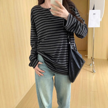 跨境速卖通韩系撞色宽松条纹长袖t恤女松弛感慵懒风韩版wish TEMU